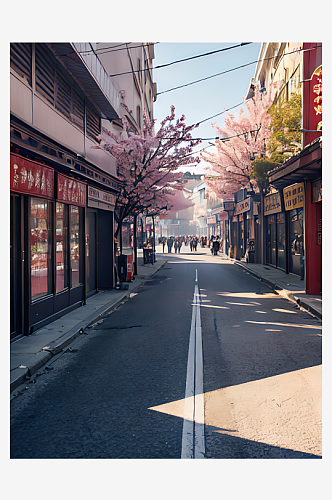 摄影风桃花盛开的街道AI数字艺术