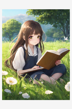 动漫风坐在草地上看书的女孩AI数字艺术
