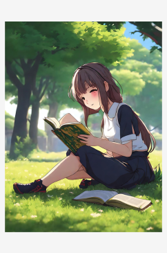 动漫风坐在草地上看书的女孩AI数字艺术