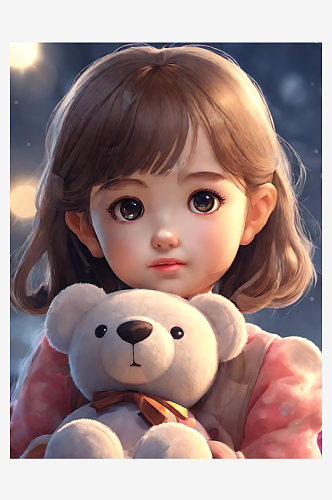 二次元抱玩具熊的女孩插画AI数字艺术