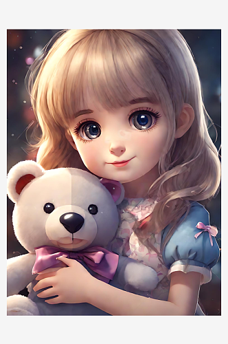 二次元抱玩具熊的女孩插画AI数字艺术