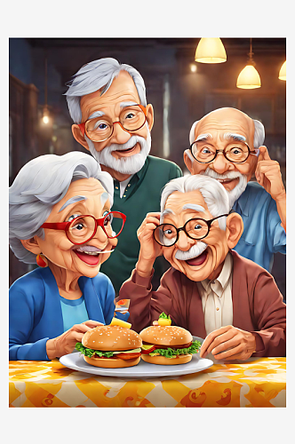 二次元在开心地吃快餐的老人AI数字艺术
