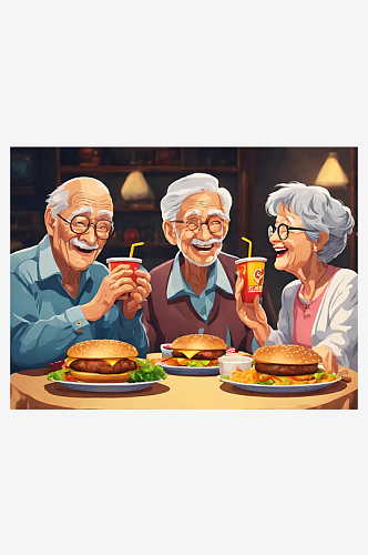 二次元在开心地吃快餐的老人AI数字艺术