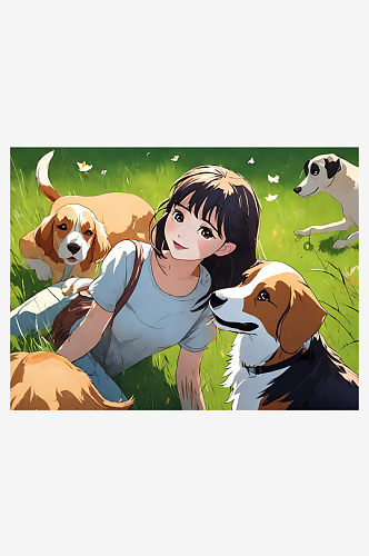 动漫风草地上和狗狗玩耍的女孩AI数字艺术
