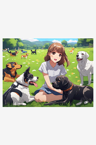 动漫风草地上和狗狗玩耍的女孩AI数字艺术