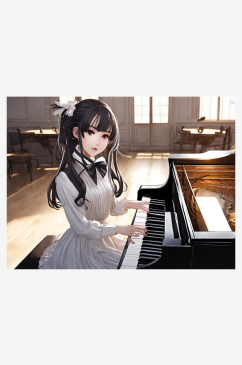 二次元弹钢琴的女孩AI数字艺术