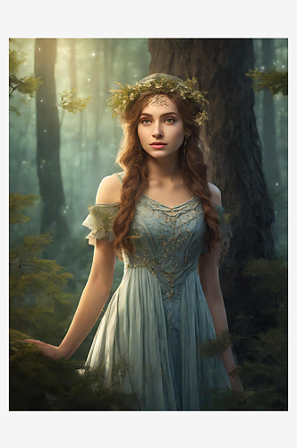 童话风站在森林里的女孩AI数字艺术