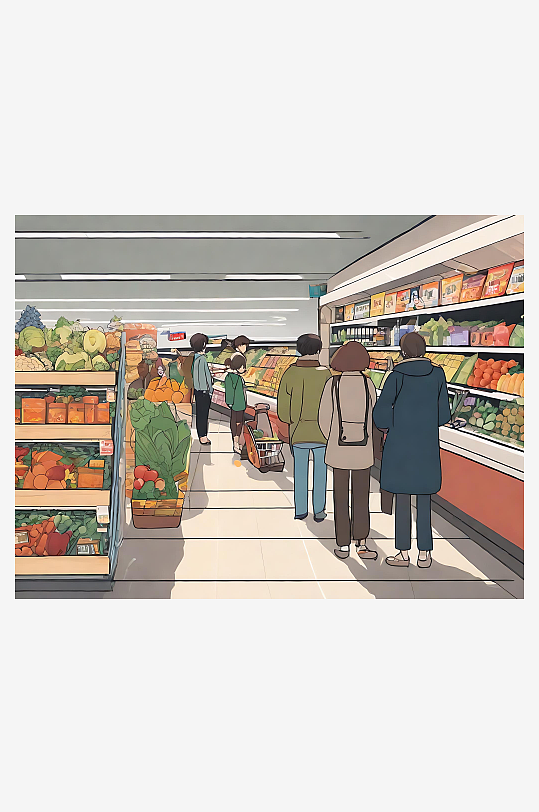 吉卜力风超市的人群AI数字艺术