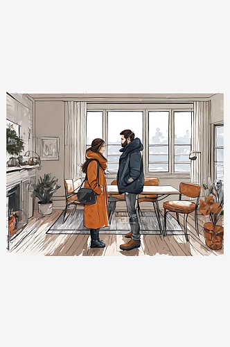 冬天室内的情侣插画AI数字艺术
