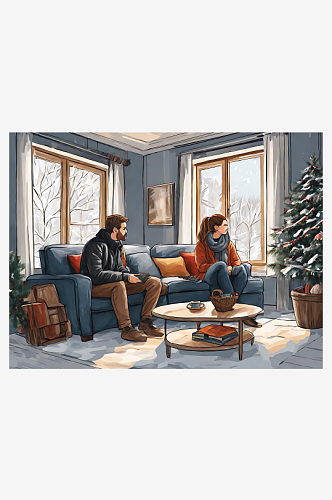 冬天室内的情侣插画AI数字艺术