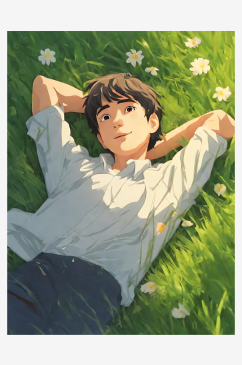 吉卜力风躺在草地上的男孩AI数字艺术