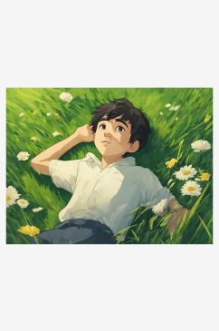 吉卜力风躺在草地上的男孩AI数字艺术