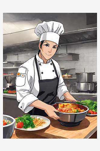 动漫风工作中的厨师AI数字艺术