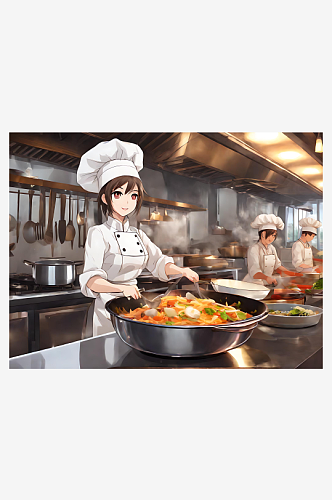 动漫风工作中的厨师AI数字艺术