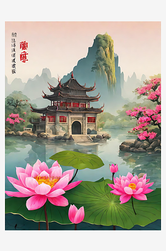 中国风江南风景工笔画AI数字艺术