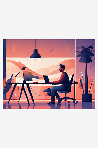 扁平风坐在电脑前办公的人插画AI数字艺术