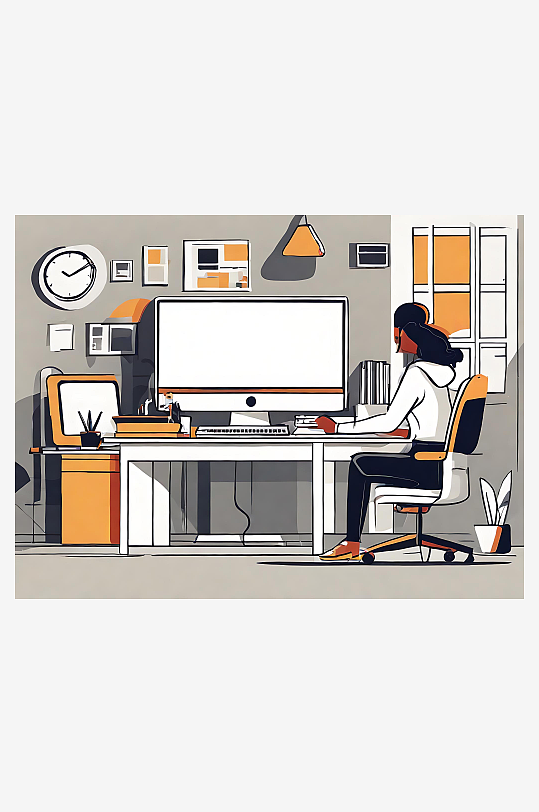 扁平风坐在电脑前办公的人插画AI数字艺术