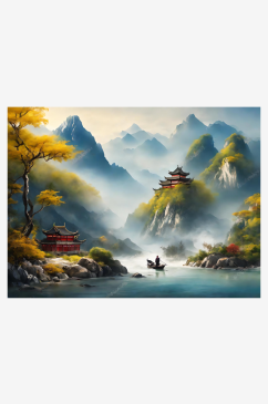 中国风险峻群山插画AI数字艺术