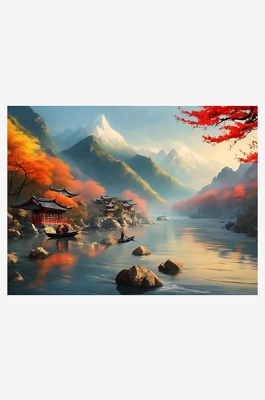 中国风险峻群山插画AI数字艺术