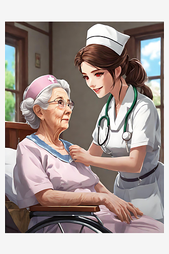 动漫风照顾老人的护士AI数字艺术