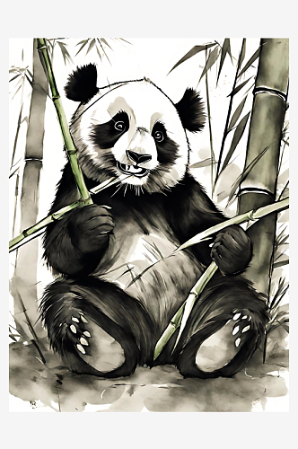 吃竹子的熊猫水墨画AI数字艺术