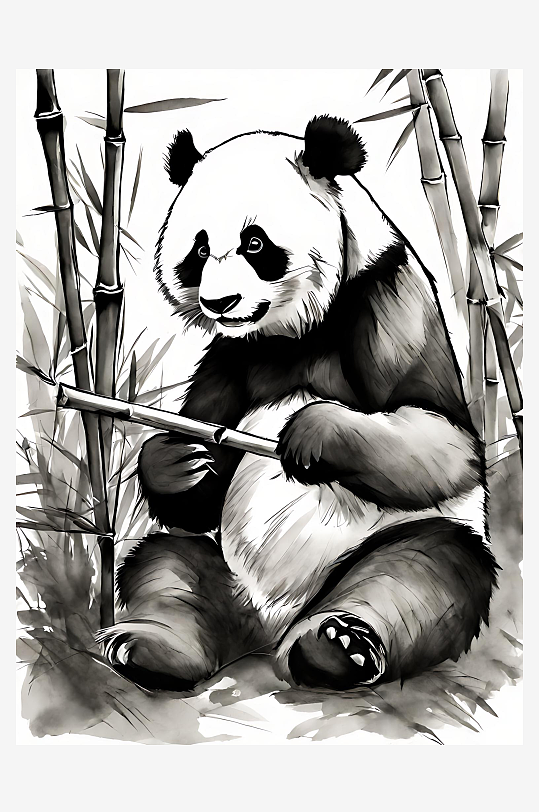 吃竹子的熊猫水墨画AI数字艺术