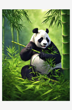 卡通风吃竹子的熊猫AI数字艺术
