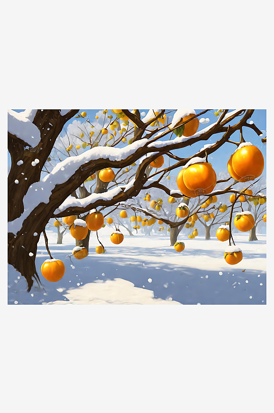 写实风冬天的柿子树AI数字艺术