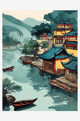 中国风房屋船河AI数字艺术