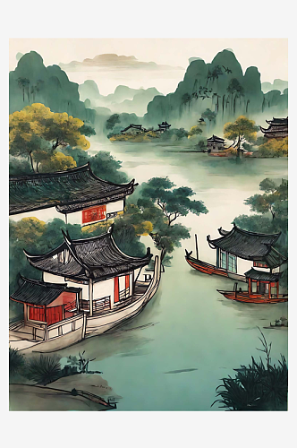中国风房屋船河AI数字艺术