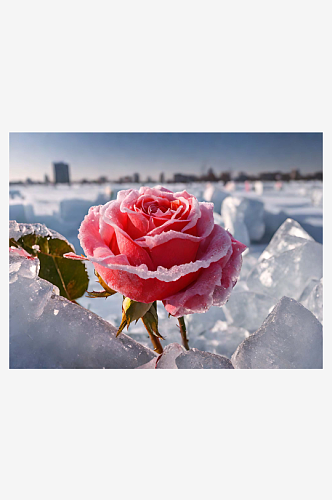 摄影风冰中玫瑰AI数字技术