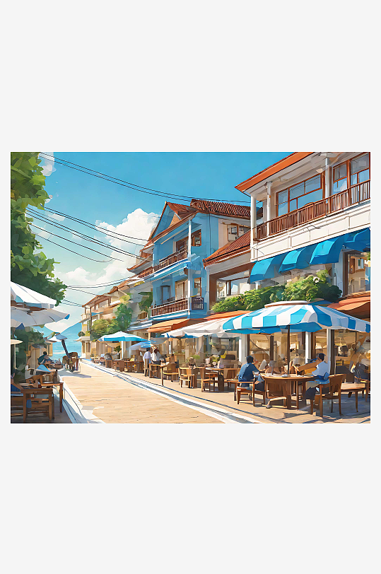 海边度假小镇插画AI数字艺术