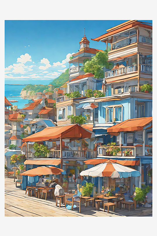 海边度假小镇插画AI数字艺术