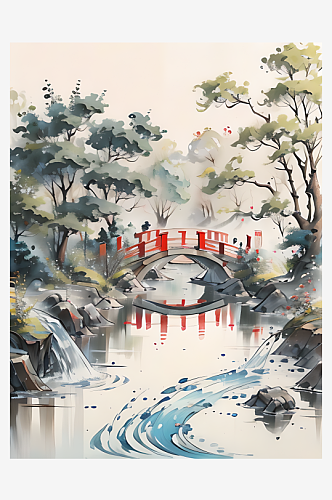 小桥流水中国画AI数字艺术