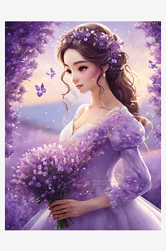 穿淡紫婚纱的新娘插画AI数字艺术