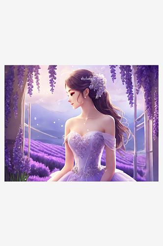 穿淡紫婚纱的新娘插画AI数字艺术