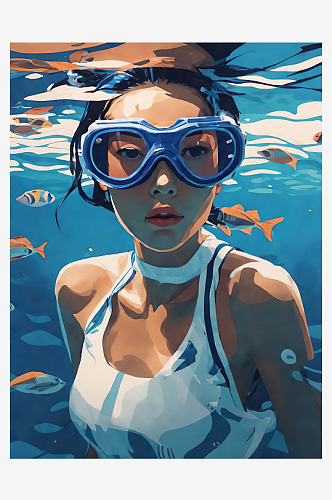 戴护目镜游泳的女士插画AI数字艺术