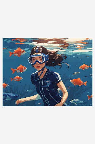 戴护目镜游泳的女士插画AI数字艺术