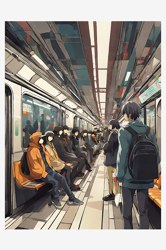 动漫风地铁里的人群AI数字艺术