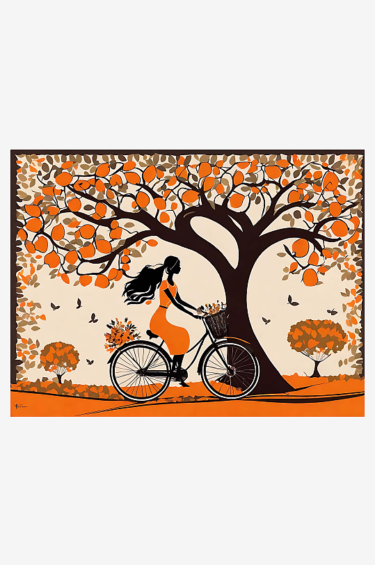 扁平风秋天树下骑车的女孩AI数字艺术