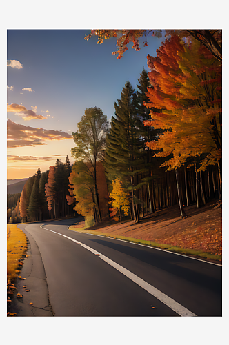 秋天树林与公路写实摄影AI数字艺术