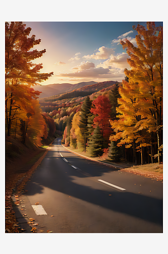 秋天树林与公路写实摄影AI数字艺术