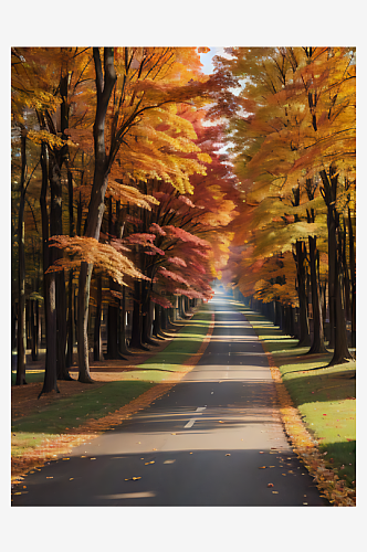 AI数字艺术秋天树林与公路写实摄影