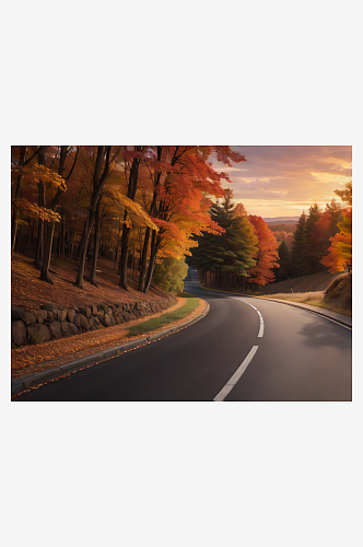 AI数字艺术秋天树林与公路写实摄影