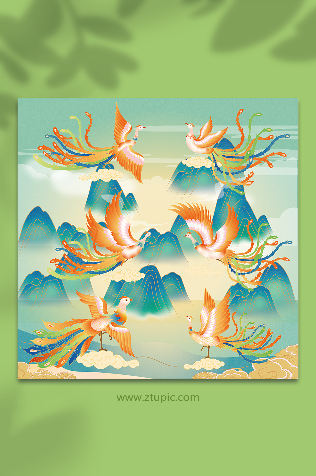 國潮風(fēng)山水鳳凰元素插畫素材