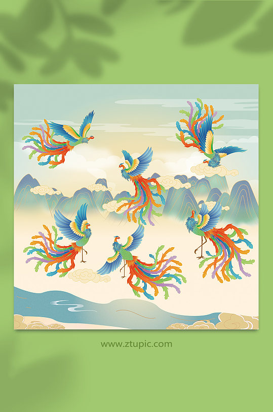 国潮风山水间凤凰元素插画