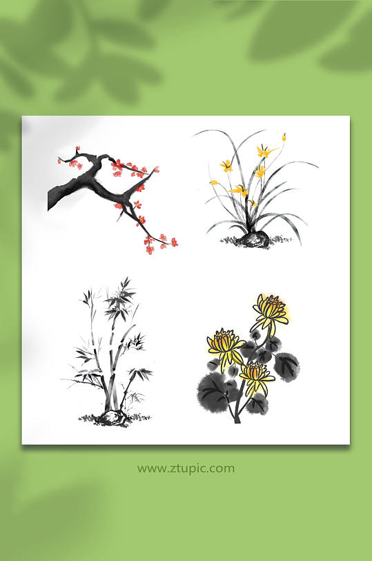 梅兰菊竹元素水墨风插画-众图网