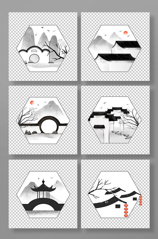 水墨中国风徽派建筑元素插画-众图网