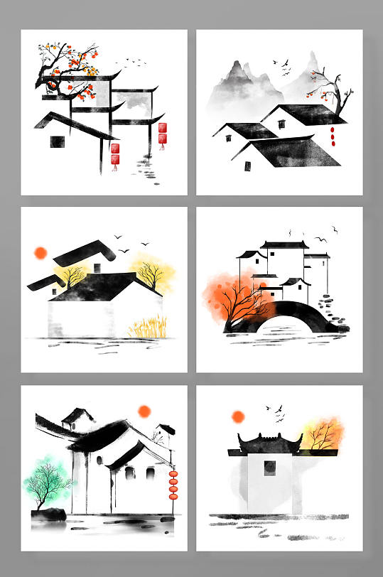水墨中国风徽派建筑元素插画