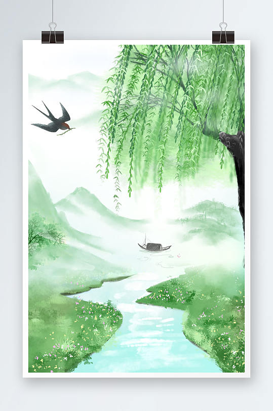 唯美中国风水墨画春季风景插画-众图网